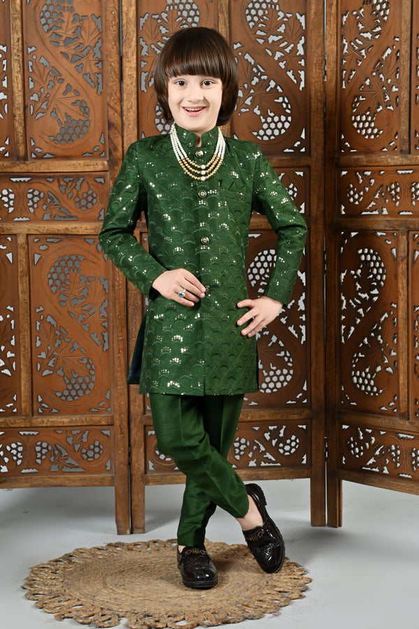 Ahhaaaa Boy's Cotton 2 Piece Indo-Western Set/Kids Ethnic Wear Jaquard Sherwani 496NF