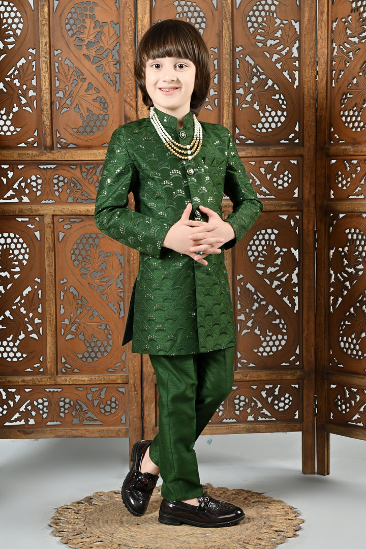 Ahhaaaa Boy's Cotton 2 Piece Indo-Western Set/Kids Ethnic Wear Jaquard Sherwani 496NF