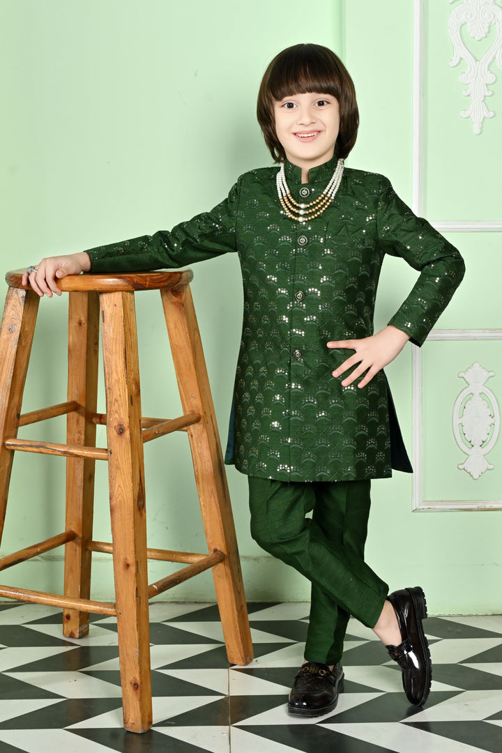 Ahhaaaa Boy's Cotton 2 Piece Indo-Western Set/Kids Ethnic Wear Jaquard Sherwani 496NF Green