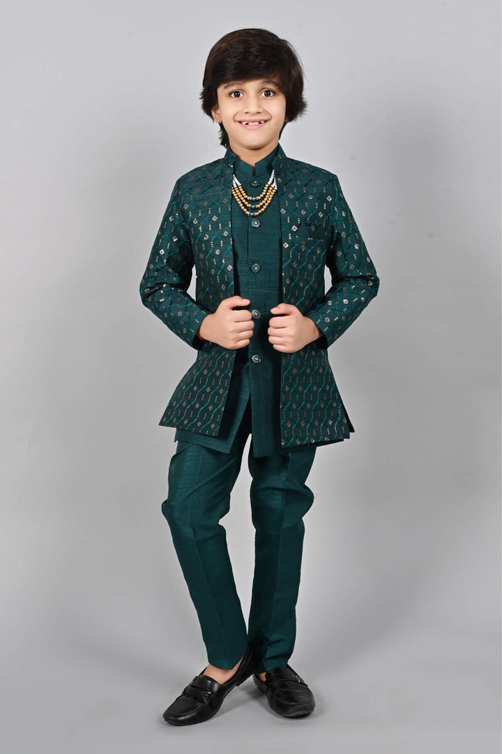 Ahhaaaa Kids Sequin Print Indo-Western Kurta, Pajama and Waistcoat for Boys