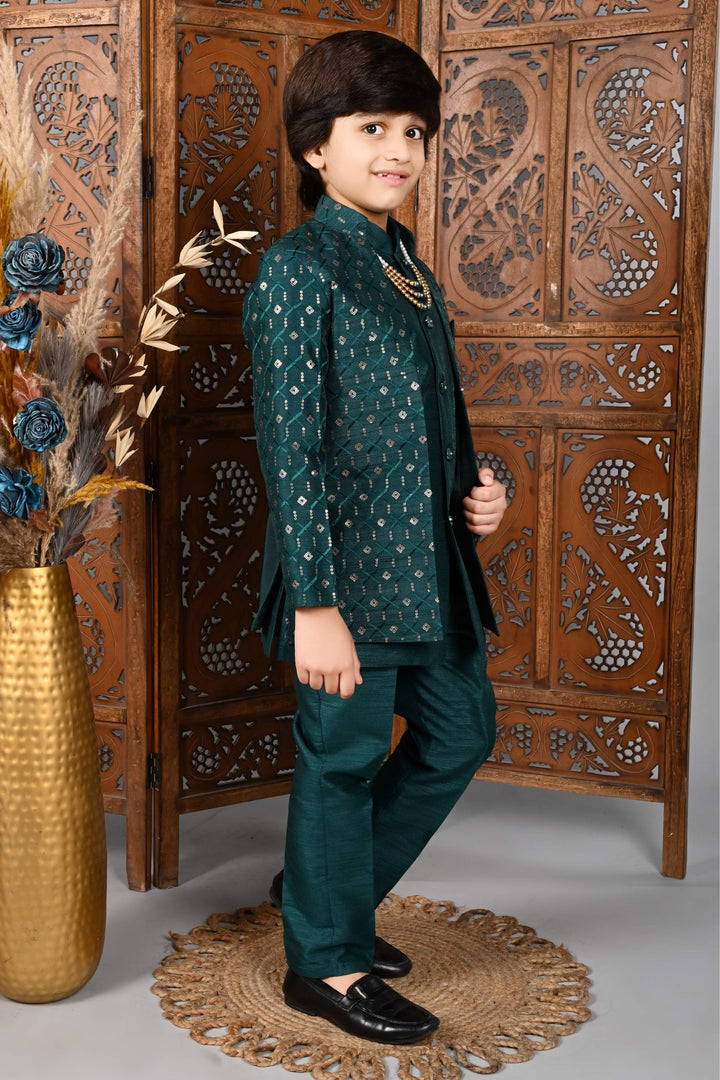 Ahhaaaa Kids Sequin Print Indo-Western Kurta, Pajama and Waistcoat for Boys