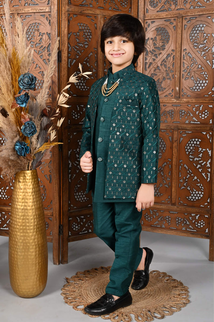 Ahhaaaa Kids Sequin Print Indo-Western Kurta, Pajama and Waistcoat for Boys