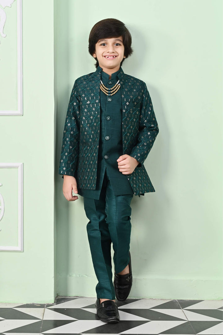 Ahhaaaa Kids Sequin Print Indo-Western Kurta, Pajama and Waistcoat for Boys