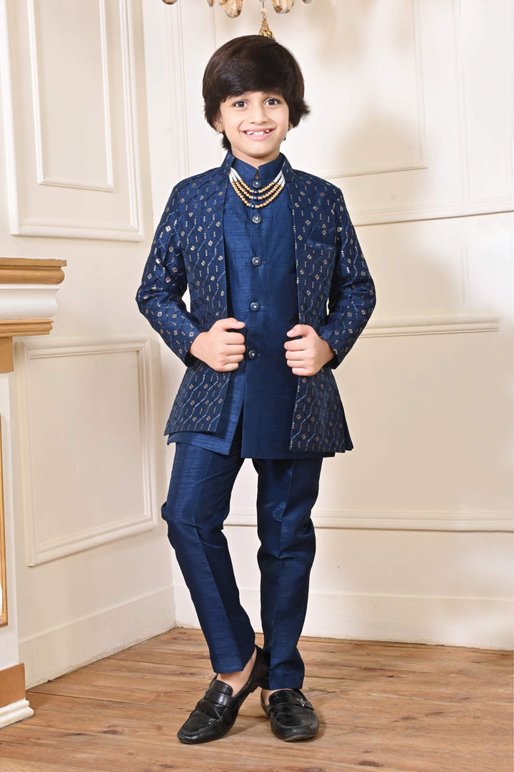 Ahhaaaa Kids Sequin Print Indo-Western Kurta, Pajama and Waistcoat for Boys Navy