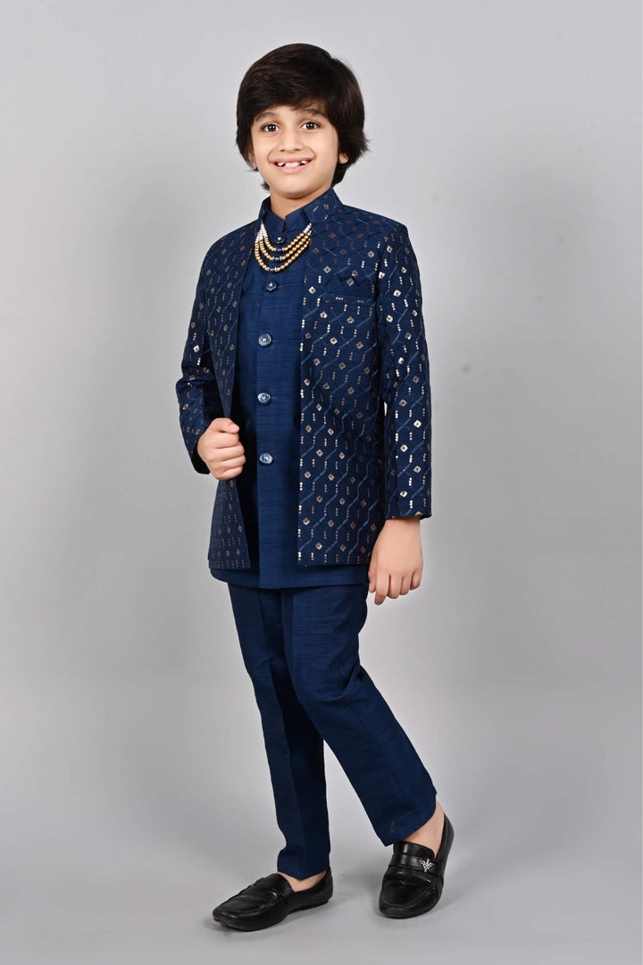 Ahhaaaa Kids Sequin Print Indo-Western Kurta, Pajama and Waistcoat for Boys