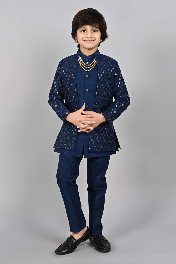 Ahhaaaa Kids Sequin Print Indo-Western Kurta, Pajama and Waistcoat for Boys