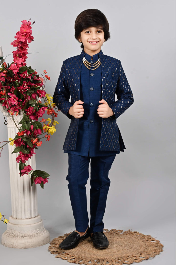 Ahhaaaa Kids Sequin Print Indo-Western Kurta, Pajama and Waistcoat for Boys