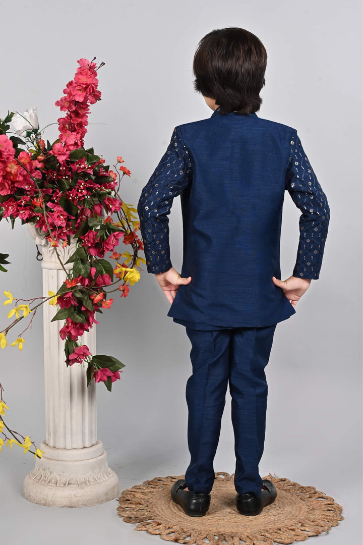 Ahhaaaa Kids Sequin Print Indo-Western Kurta, Pajama and Waistcoat for Boys