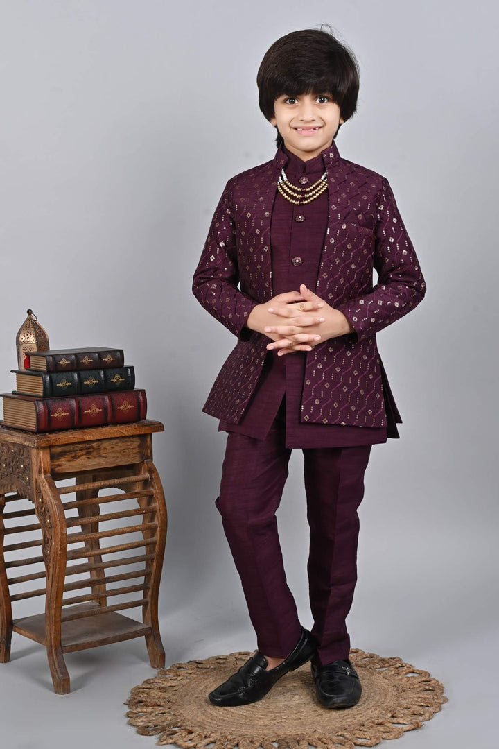 Ahhaaaa Kids Sequin Print Indo-Western Kurta, Pajama and Waistcoat for Boys