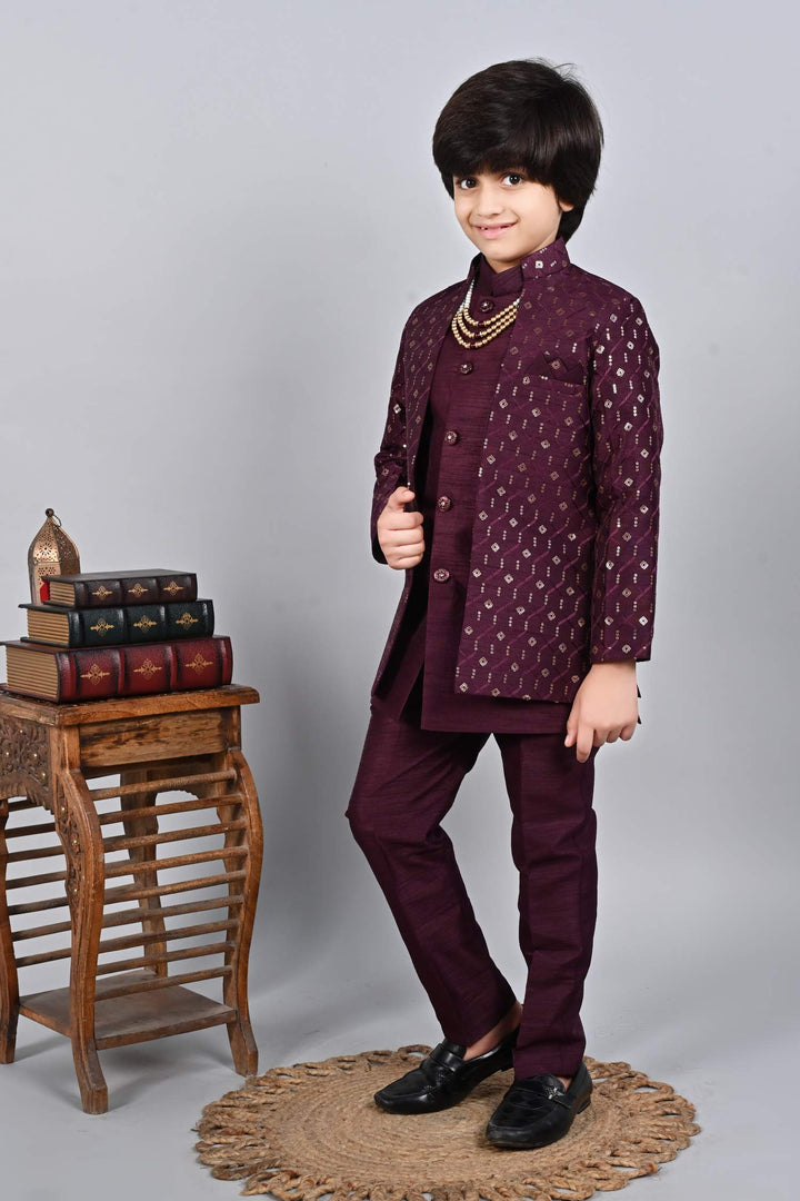 Ahhaaaa Kids Sequin Print Indo-Western Kurta, Pajama and Waistcoat for Boys