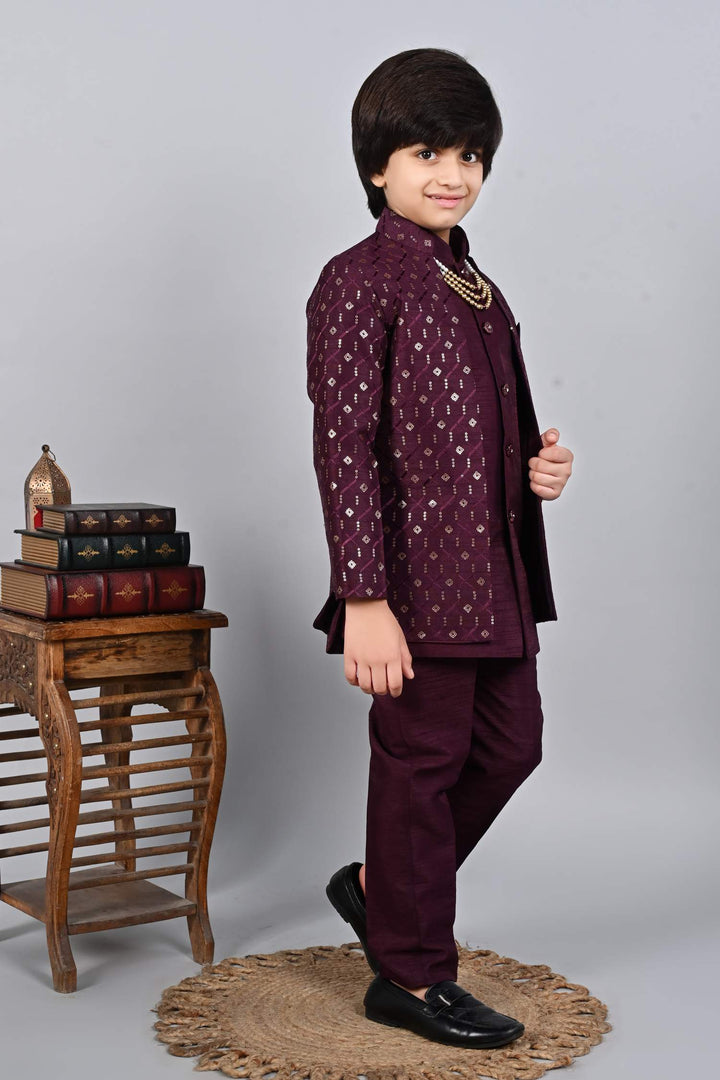 Ahhaaaa Kids Sequin Print Indo-Western Kurta, Pajama and Waistcoat for Boys