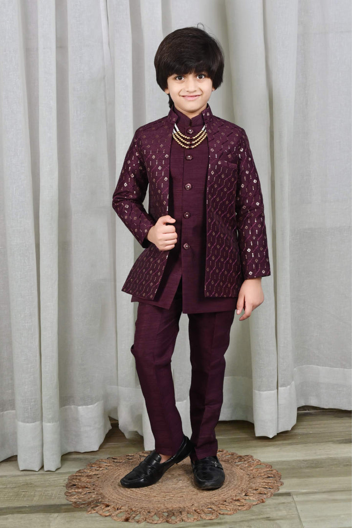 Ahhaaaa Kids Sequin Print Indo-Western Kurta, Pajama and Waistcoat for Boys Wine