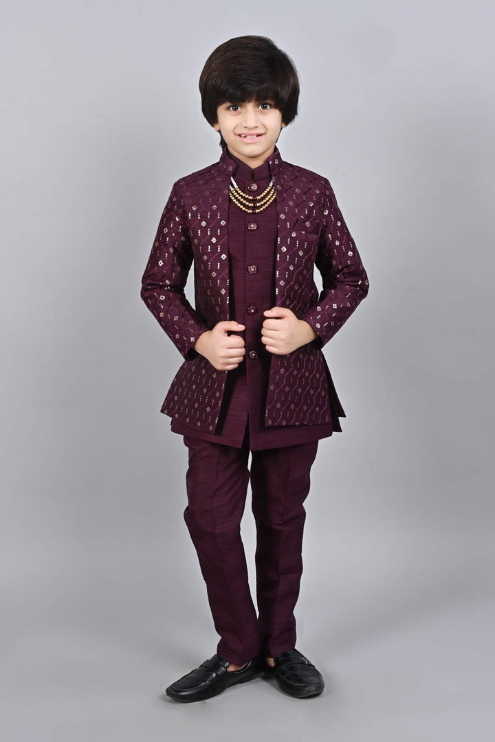 Ahhaaaa Kids Sequin Print Indo-Western Kurta, Pajama and Waistcoat for Boys