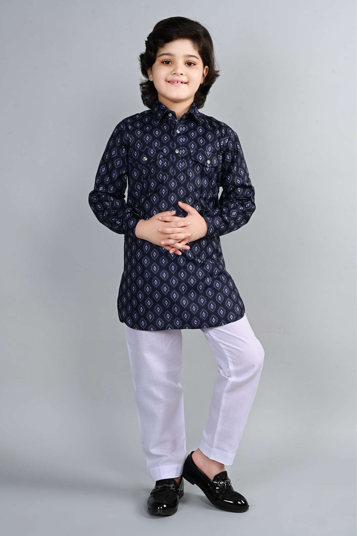 Ahhaaaa Kid's Indian Ethnic Wear Floral Printed Kurta and White Patiala Set for Boys