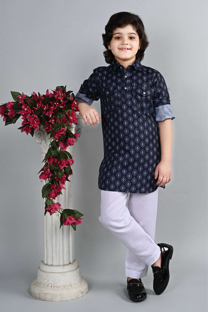 Ahhaaaa Kid's Indian Ethnic Wear Floral Printed Kurta and White Patiala Set for Boys Navy Blue