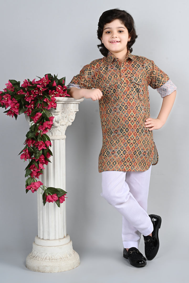 Ahhaaaa Kid's Indian Ethnic Wear Floral Printed Kurta and White Patiala Set for Boys Orange