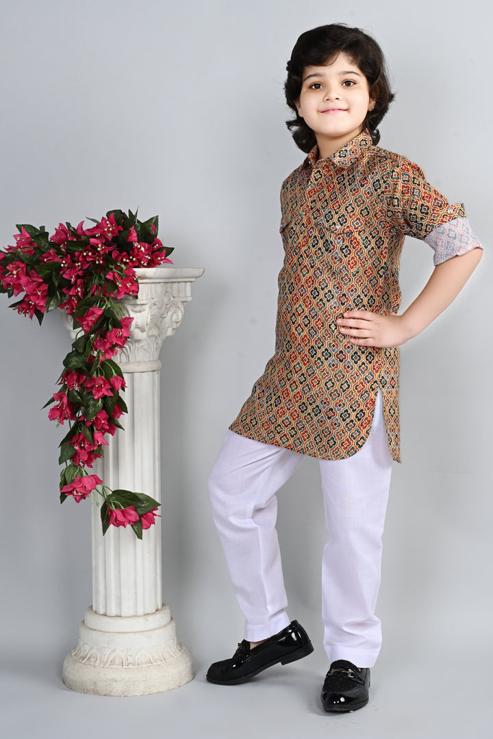 Ahhaaaa Kid's Indian Ethnic Wear Floral Printed Kurta and White Patiala Set for Boys