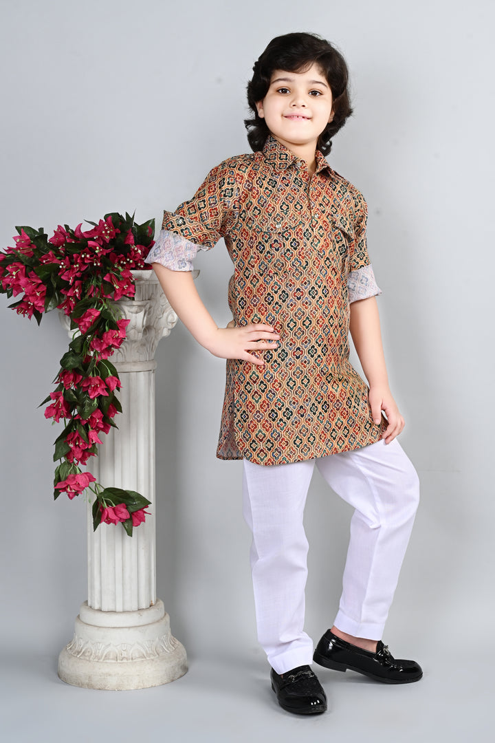 Ahhaaaa Kid's Indian Ethnic Wear Floral Printed Kurta and White Patiala Set for Boys