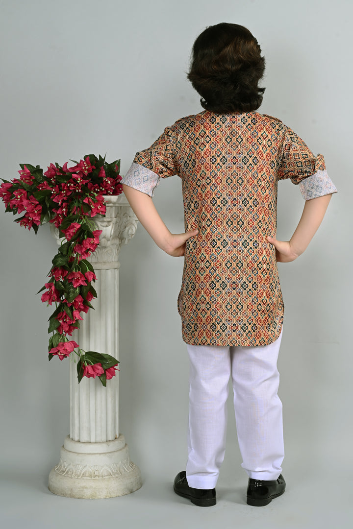 Ahhaaaa Kid's Indian Ethnic Wear Floral Printed Kurta and White Patiala Set for Boys