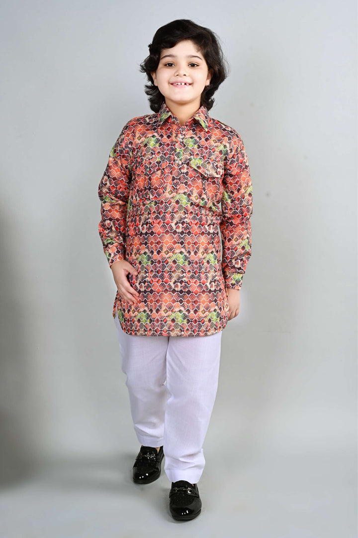 Ahhaaaa Kid's Indian Ethnic Wear Floral Printed Kurta and White Patiala Set for Boys