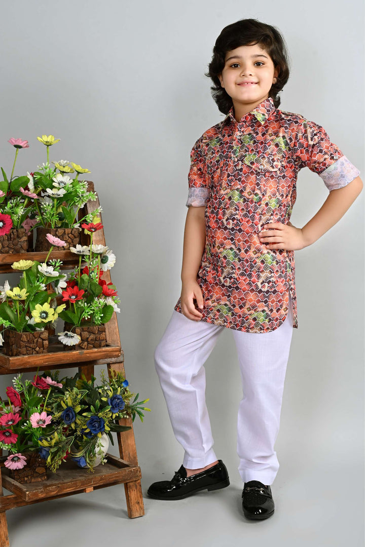 Ahhaaaa Kid's Indian Ethnic Wear Floral Printed Kurta and White Patiala Set for Boys Pink