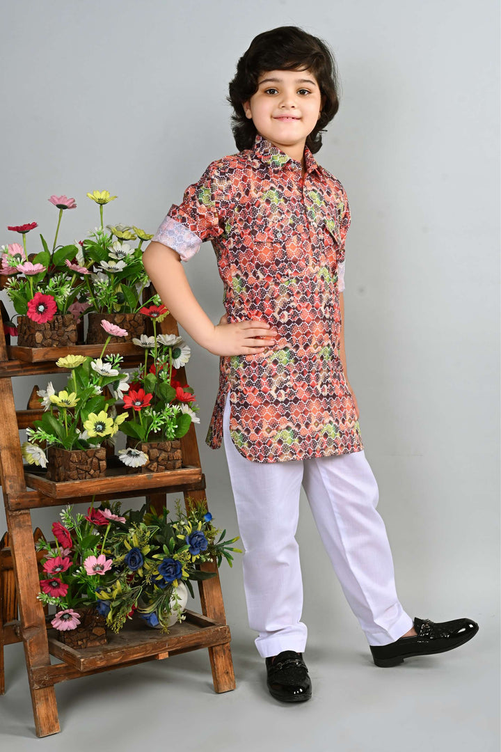 Ahhaaaa Kid's Indian Ethnic Wear Floral Printed Kurta and White Patiala Set for Boys