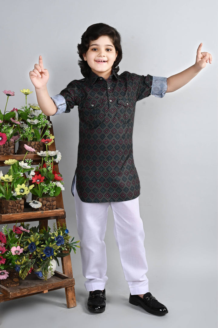 Ahhaaaa Kid's Indian Ethnic Wear Floral Printed Kurta and Patiala Set for Boys Grey