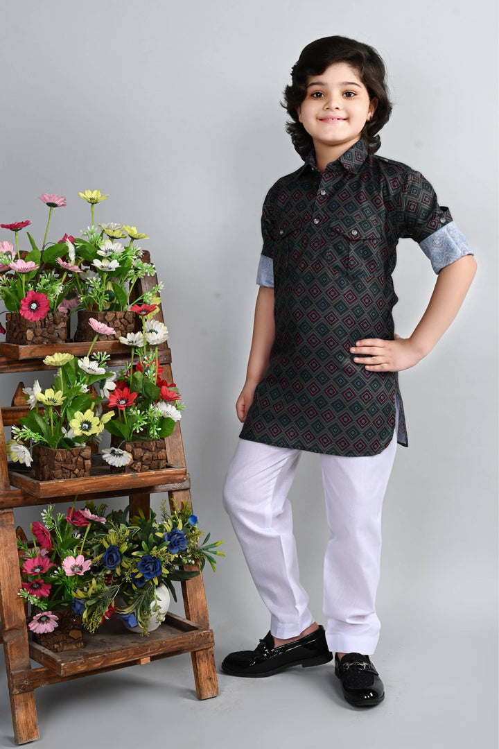 Ahhaaaa Kid's Indian Ethnic Wear Floral Printed Kurta and Patiala Set for Boys