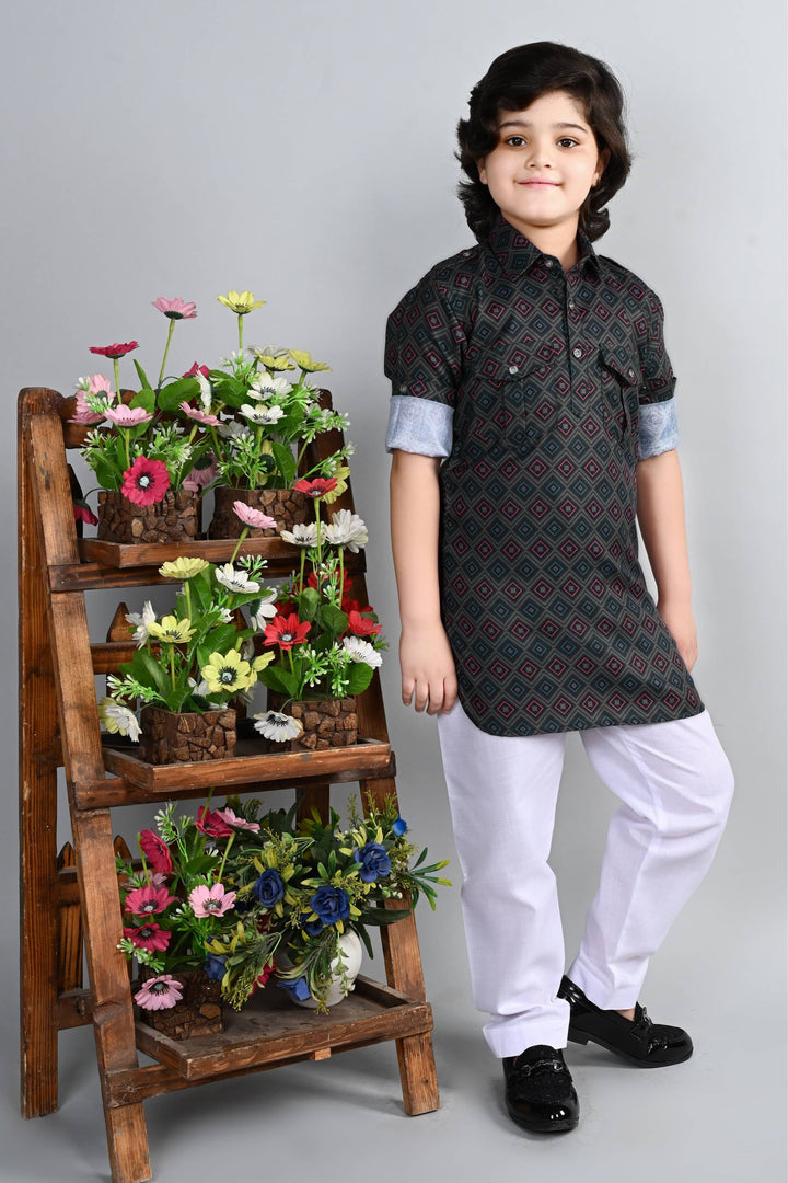 Ahhaaaa Kid's Indian Ethnic Wear Floral Printed Kurta and Patiala Set for Boys