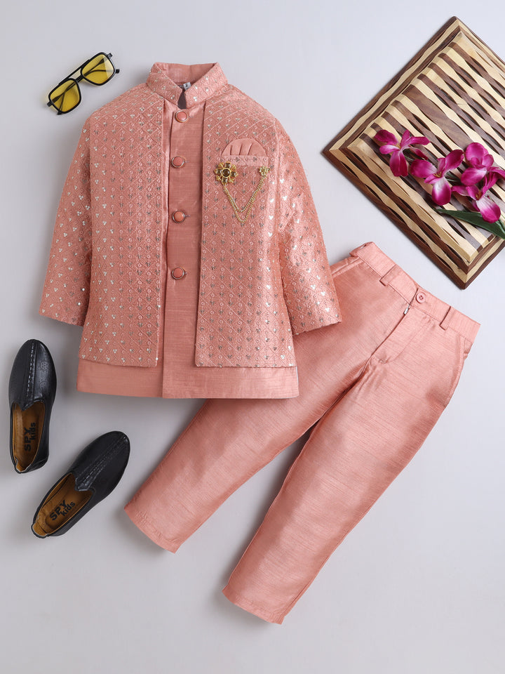 Ahhaaaa Boy's Ethnic Cotton Silk Blend Nehru Modi Jacket Kurta & Pyjama Set for Boys|Sequin Embellished Ethnic Set|Ideal for any Festivals/Weddings Occasion Orange