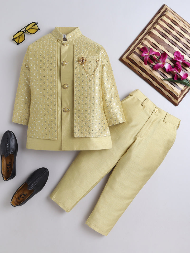 Ahhaaaa Boy's Ethnic Cotton Silk Blend Nehru Modi Jacket Kurta & Pyjama Set for Boys|Sequin Embellished Ethnic Set|Ideal for any Festivals/Weddings Occasion Green