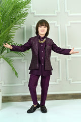 Ahhaaaa Boy's Silk 3-Piece Indo-Western Set|Kids Sequin Embroidery Work Sherwani Set Wine