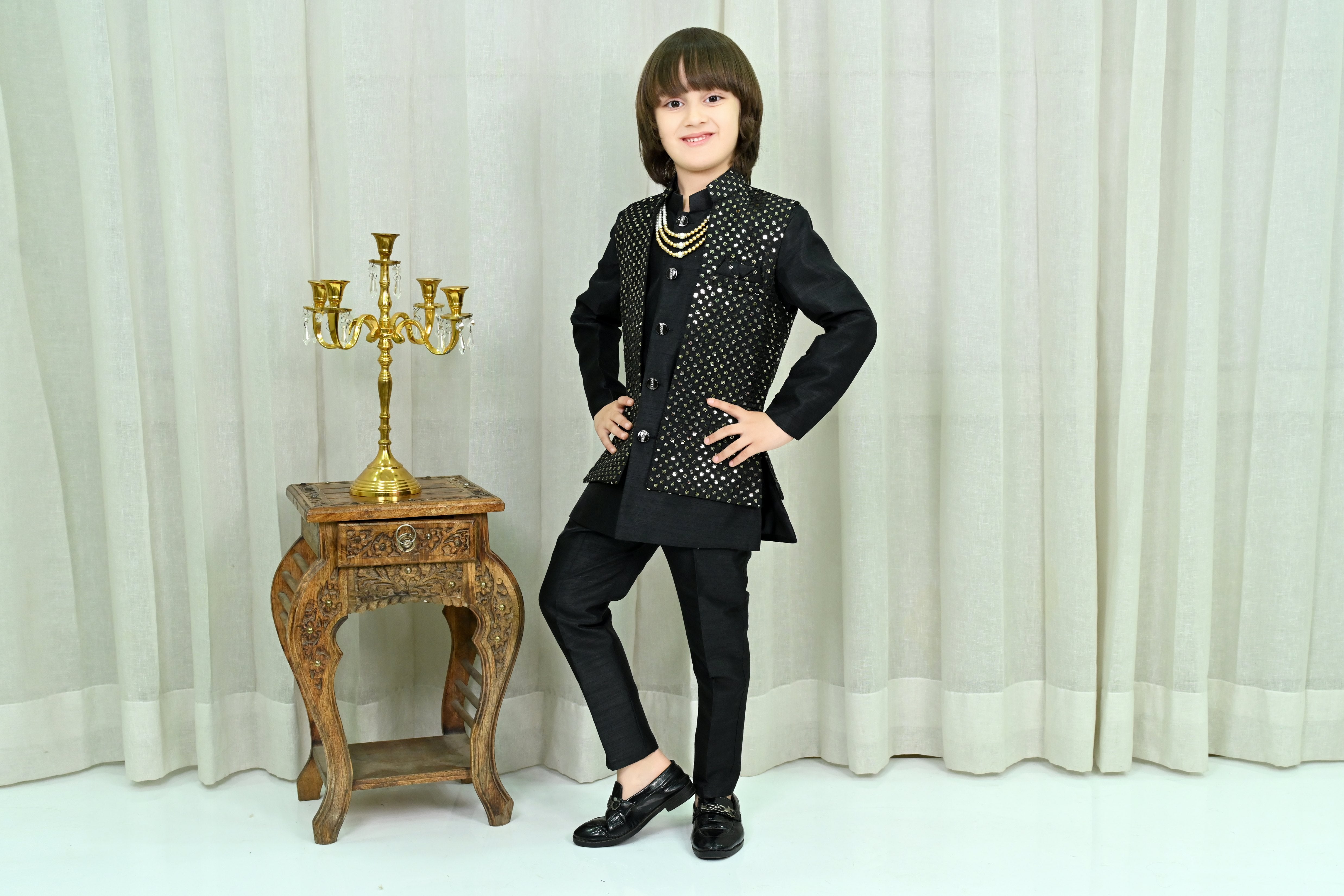 Ahhaaaa Boy's Silk 3-Piece Indo-Western Set|Kids Sequin Embroidery Work Sherwani Set