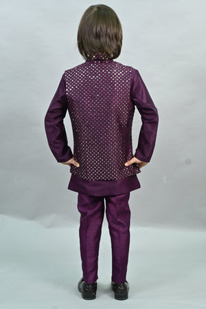 Ahhaaaa Boy's Silk 3-Piece Indo-Western Set|Kids Sequin Embroidery Work Sherwani Set