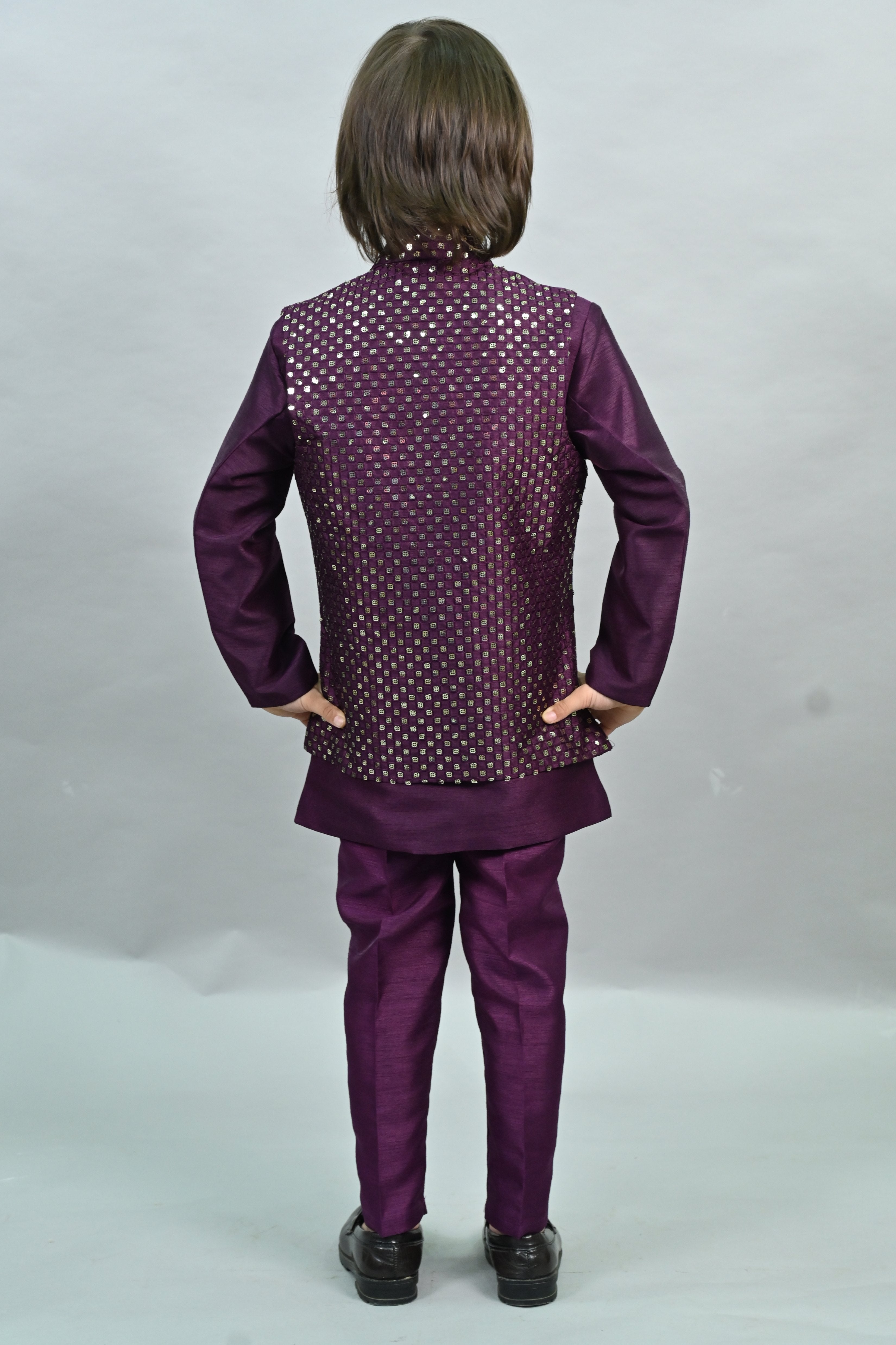 Ahhaaaa Boy's Silk 3-Piece Indo-Western Set|Kids Sequin Embroidery Work Sherwani Set