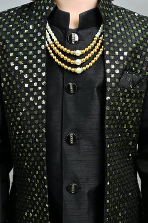 Ahhaaaa Boy's Silk 3-Piece Indo-Western Set|Kids Sequin Embroidery Work Sherwani Set