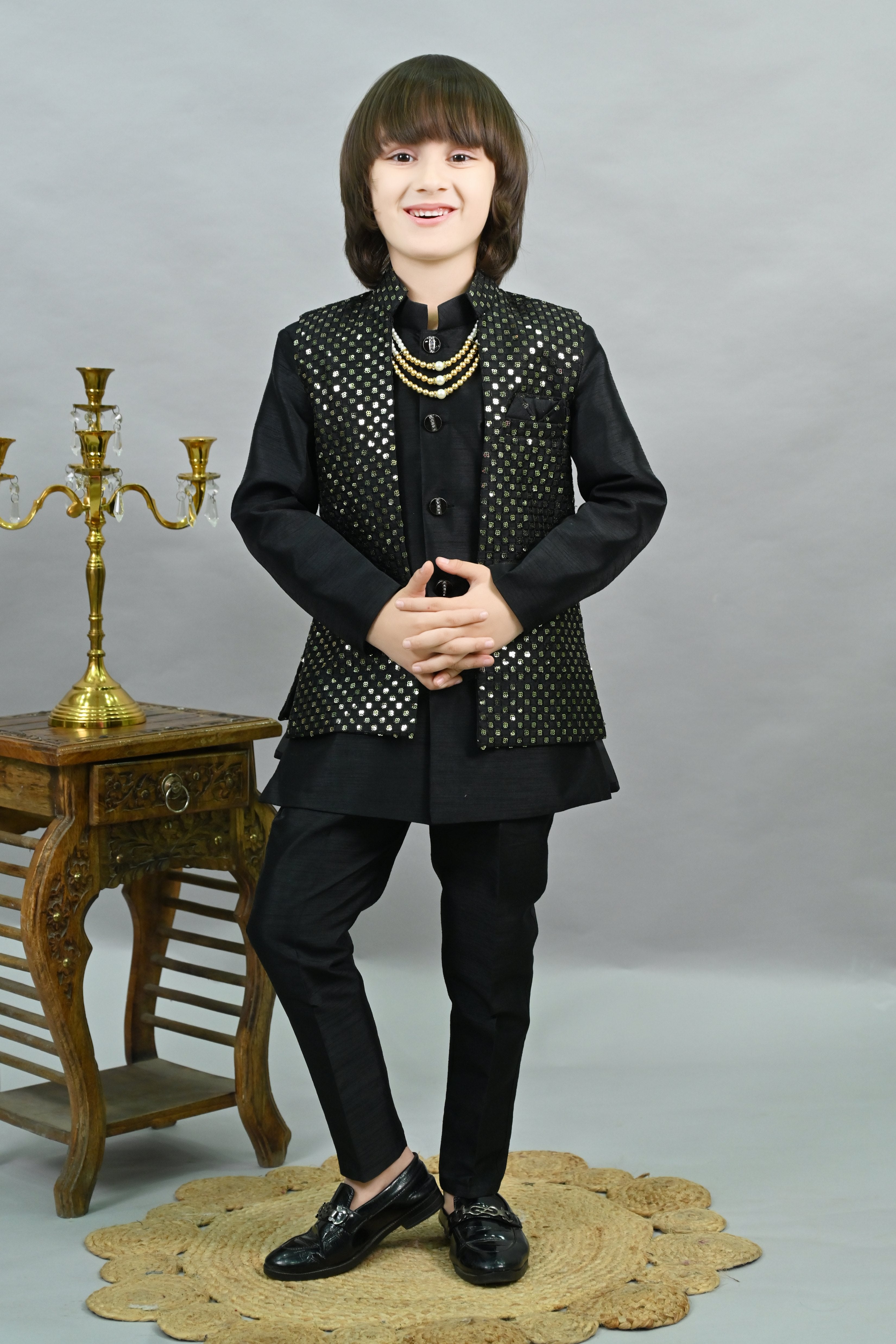 Ahhaaaa Boy's Silk 3-Piece Indo-Western Set|Kids Sequin Embroidery Work Sherwani Set