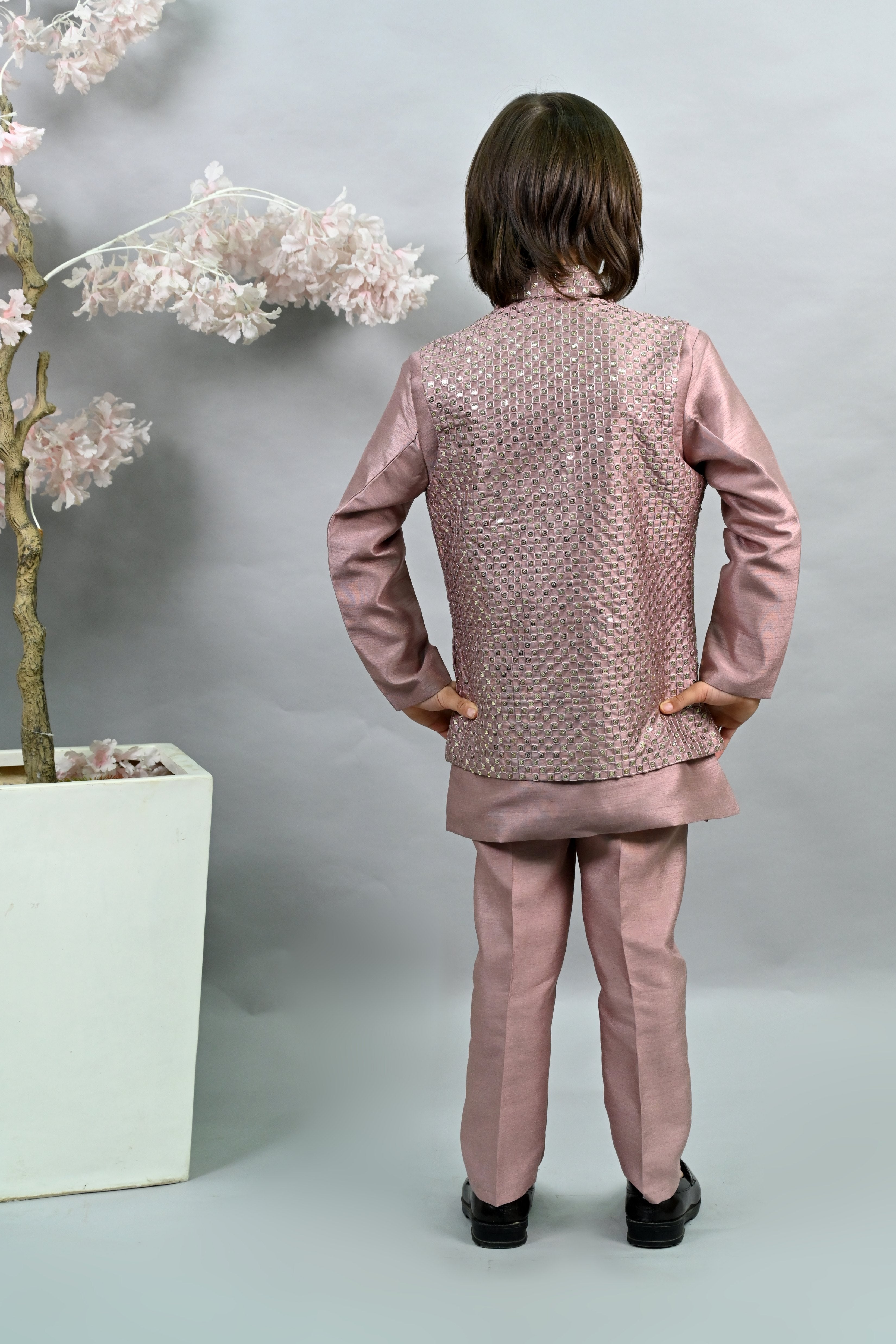 Ahhaaaa Boy's Silk 3-Piece Indo-Western Set|Kids Sequin Embroidery Work Sherwani Set