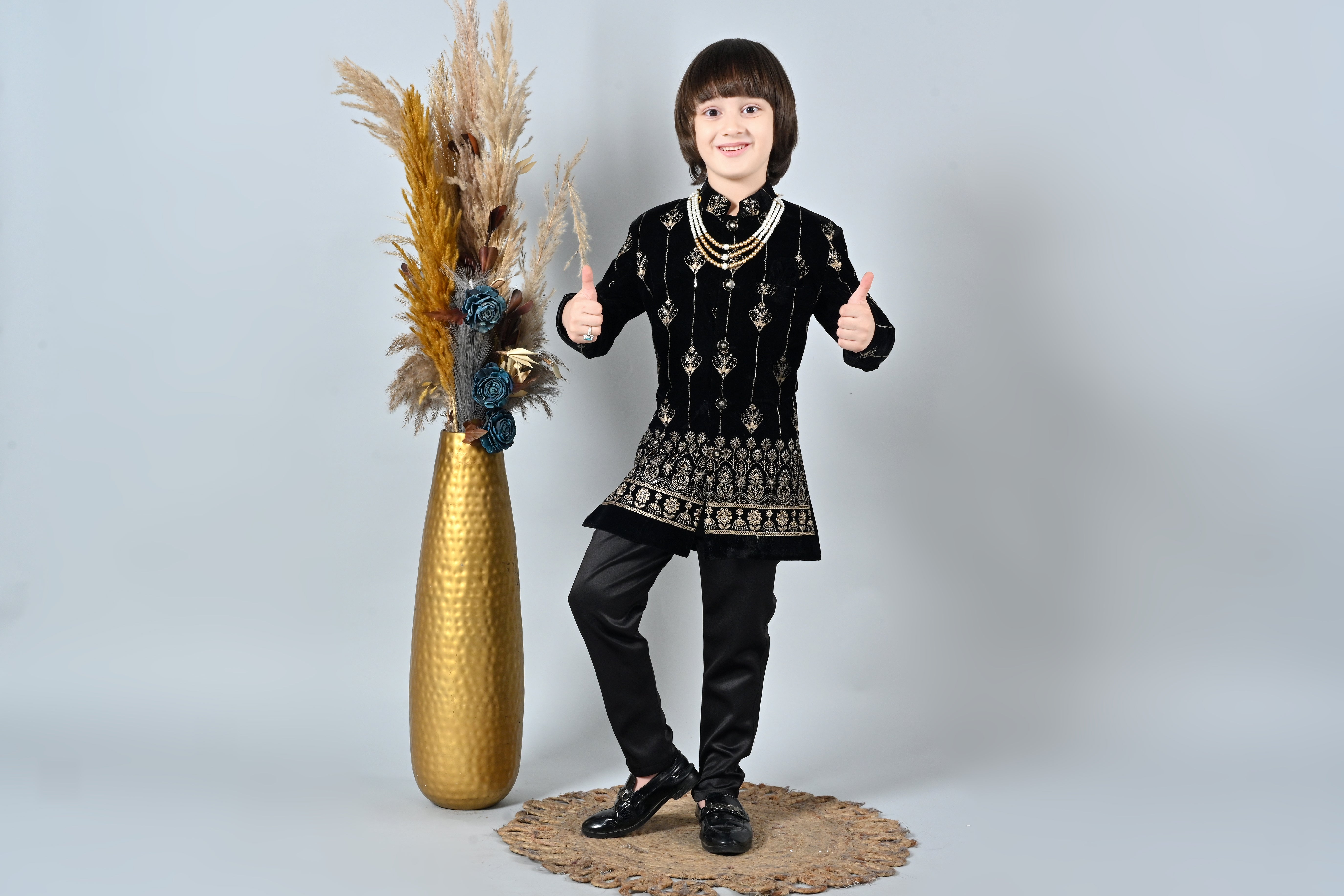 Ahhaaaa Boy's Velvet 2-Piece Indo-Western Set|Kids Embroidery Work Velvet Sherwani Set