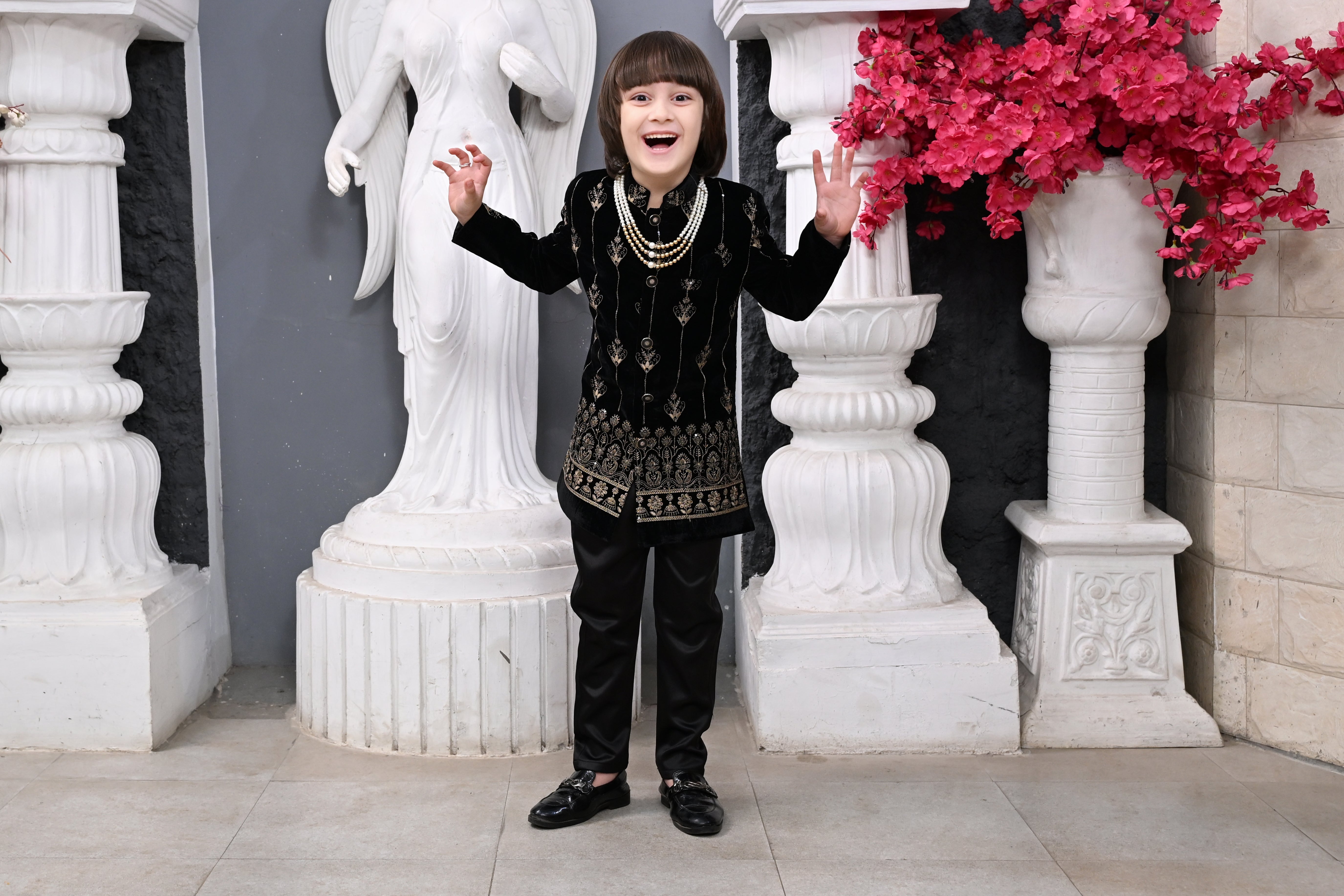 Ahhaaaa Boy's Velvet 2-Piece Indo-Western Set|Kids Embroidery Work Velvet Sherwani Set