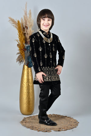 Ahhaaaa Boy's Velvet 2-Piece Indo-Western Set|Kids Embroidery Work Velvet Sherwani Set