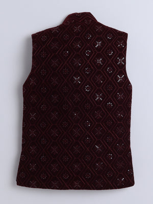 Ahhaaaa Boy's Velvet 3-Piece Indo-Western Set|Kids Sequin Embellished Work, Velvet Sherwani Set