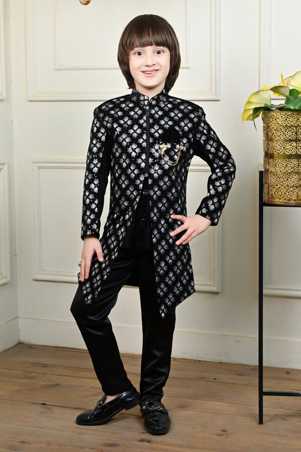 Ahhaaaa Boy's Velvet Work 2-Piece Indo-Western Set|Kids Embroidered Velvet Sherwani Set for Boy|Zipper Closer||