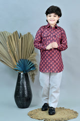Ahhaaaa Floral Boys' Pathani Kurta Pajama Set - Eid & Ramadan Festive Wear for Kids Blood Red