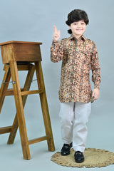 Ahhaaaa Floral Boys' Pathani Kurta Pajama Set - Eid & Ramadan Festive Wear for Kids Khaki