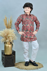 Ahhaaaa Floral Boys' Pathani Kurta Pajama Set - Eid & Ramadan Festive Wear for Kids Pink