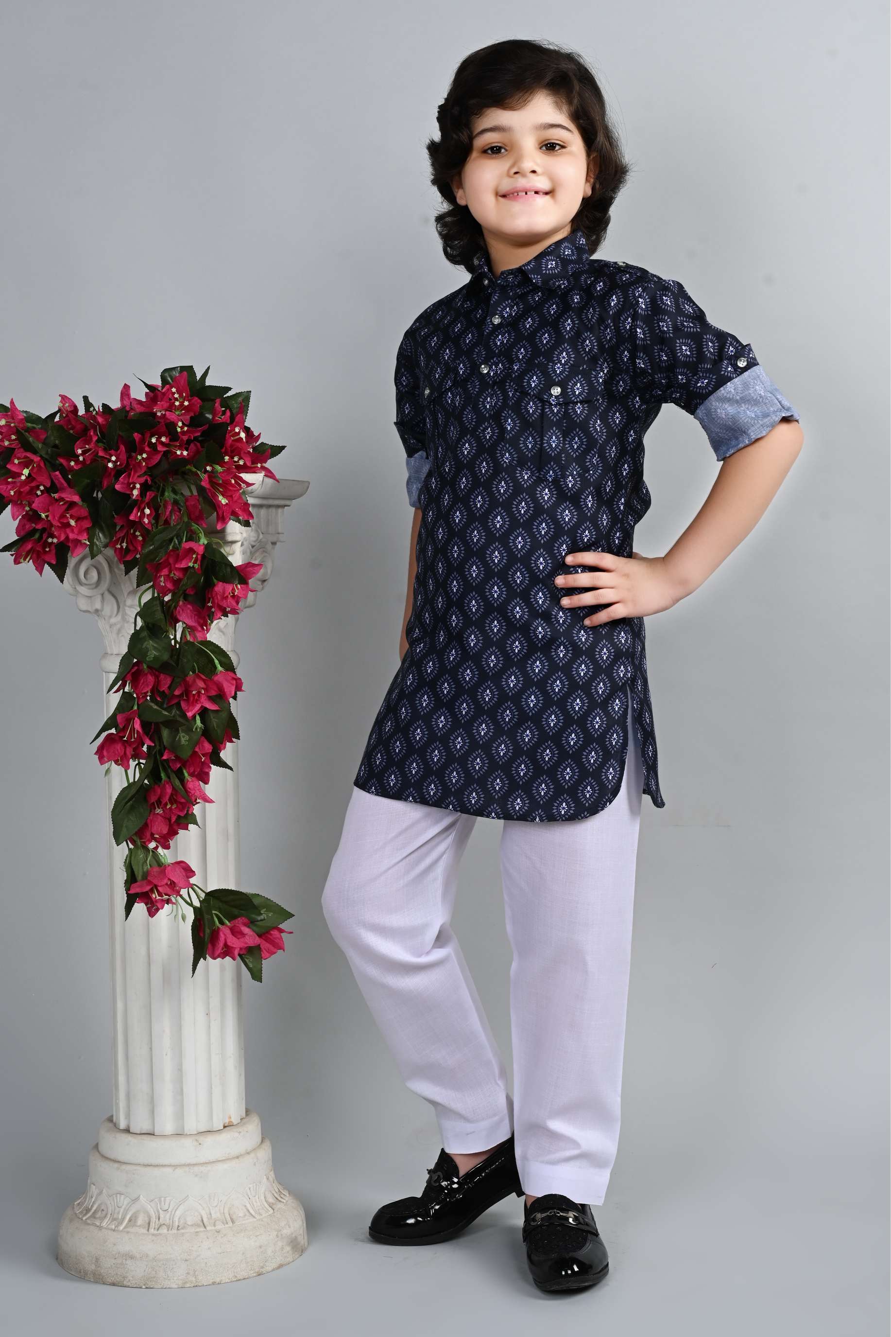Ahhaaaa Kid's Indian Ethnic Wear Floral Printed Kurta and White Patiala Set for Boys