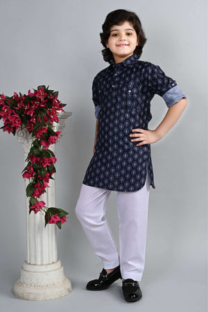 Ahhaaaa Kid's Indian Ethnic Wear Floral Printed Kurta and White Patiala Set for Boys