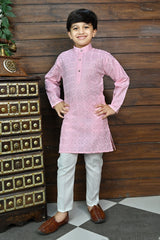 Ahhaaaa Kid's Sequin Print Embroidery Mirror Work Kurta with Pajama for Boys Pink