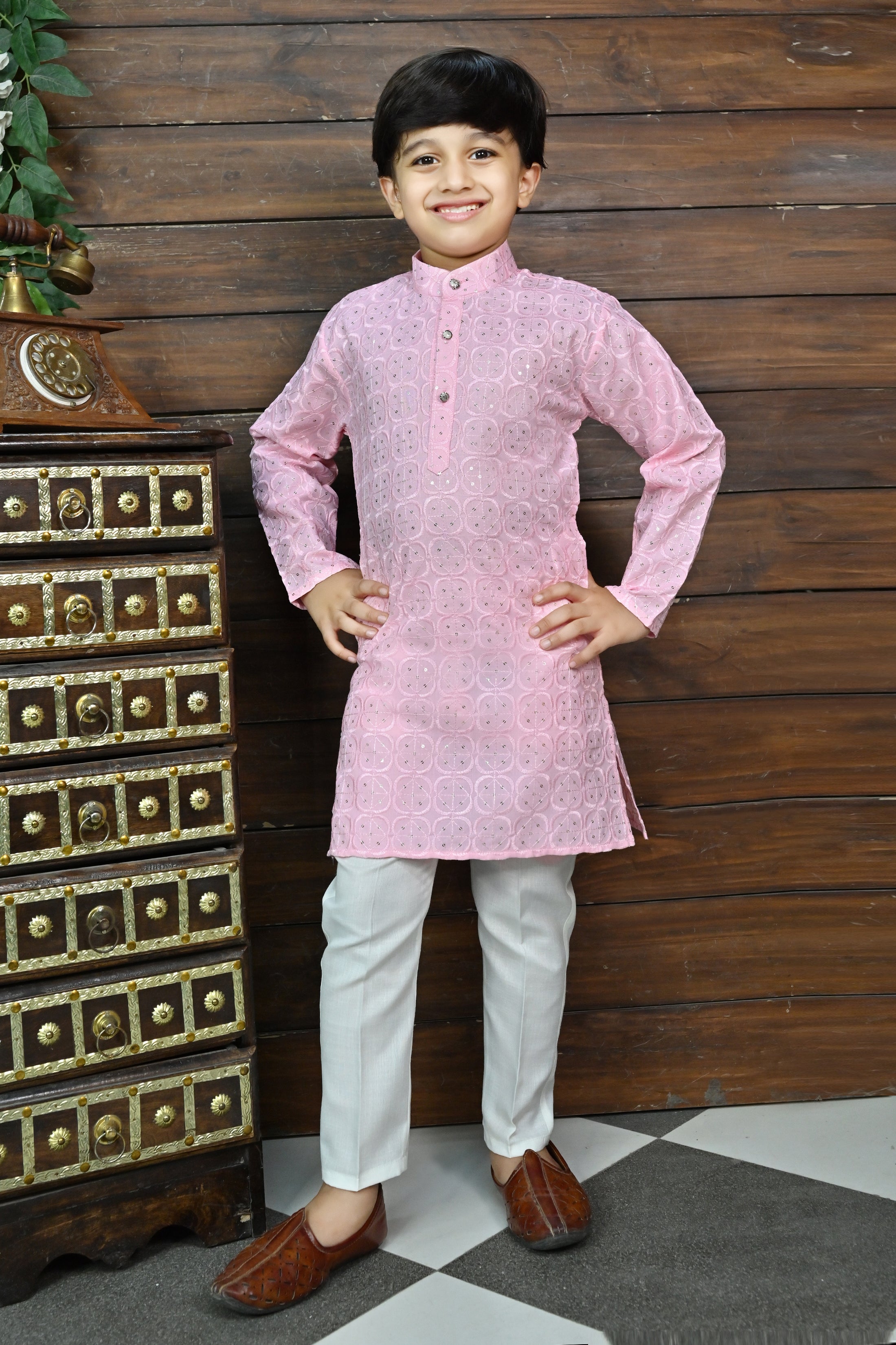 Ahhaaaa Kid's Sequin Print Embroidery Mirror Work Kurta with Pajama for Boys Pink